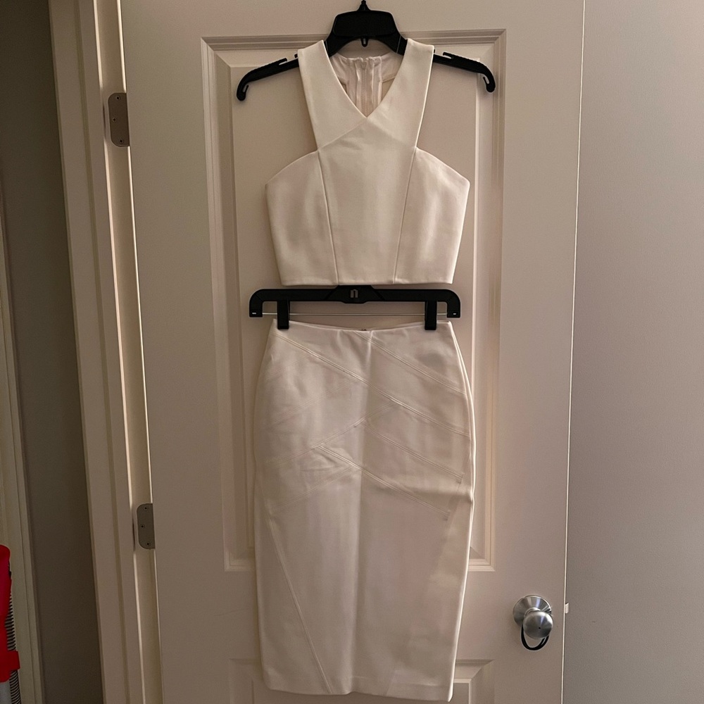 Express Two Piece Cream halter crop midi skirt set